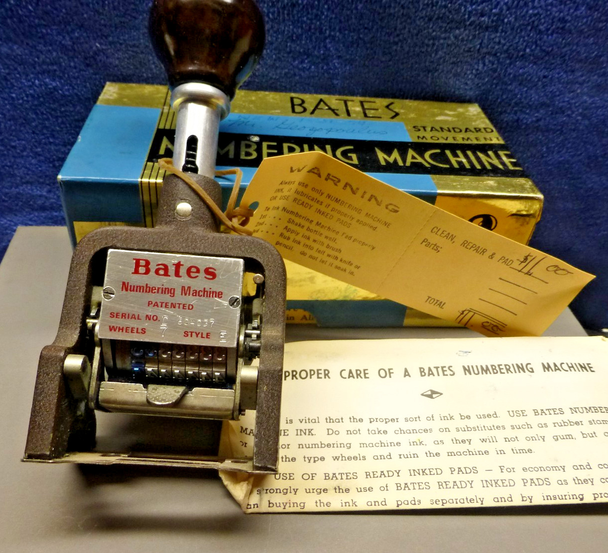 Vintage Bates American Numbering Stamp Machine 7 Wheels Style E With Box