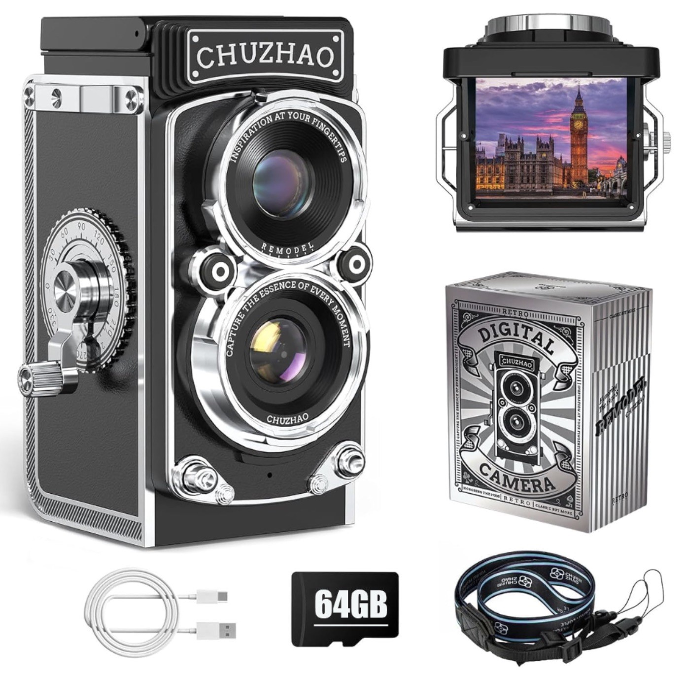 [Brand new]Vintage Chuzhao 64GB 12MP Photo 1080P Video Twin-Lens Design Camera