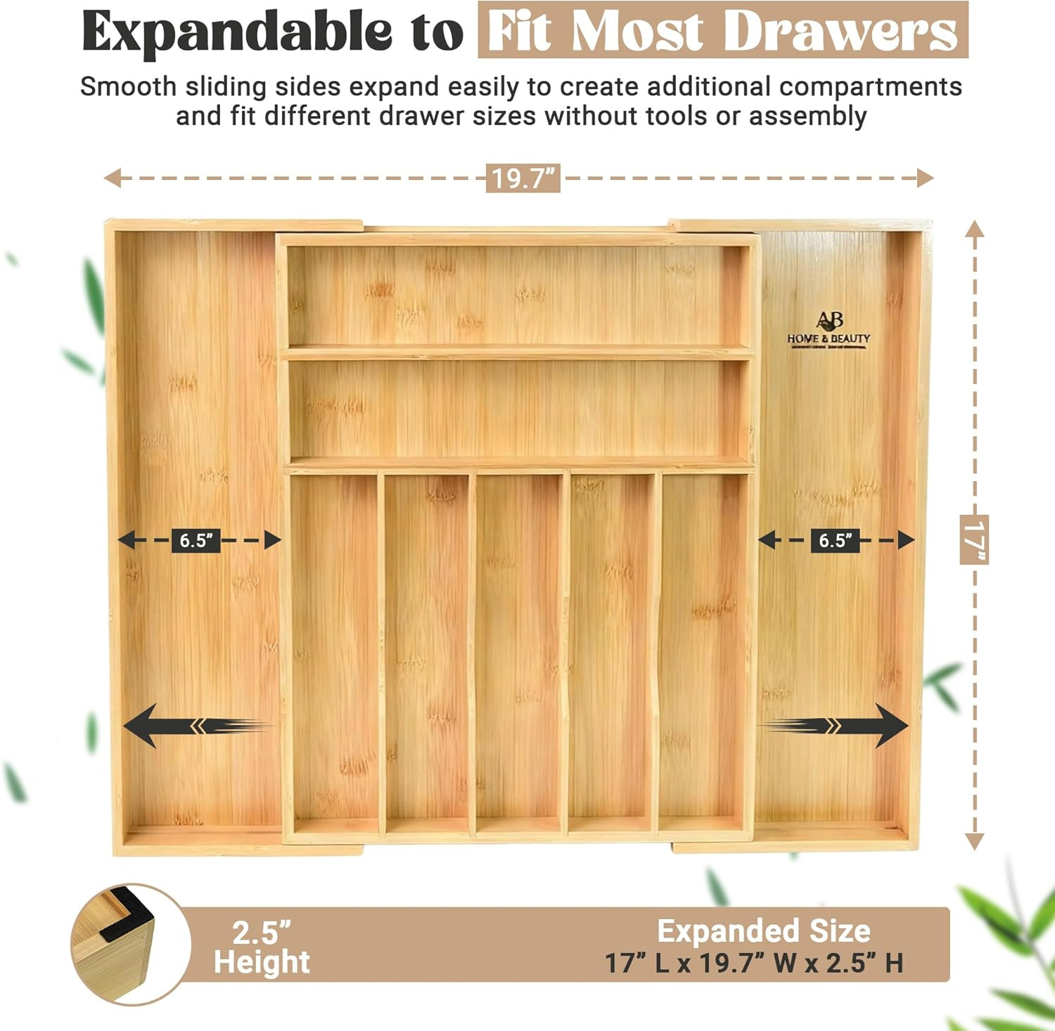 Expandable Bamboo Drawer Organizer for Kitchen Utensils - Adjustable Silverware