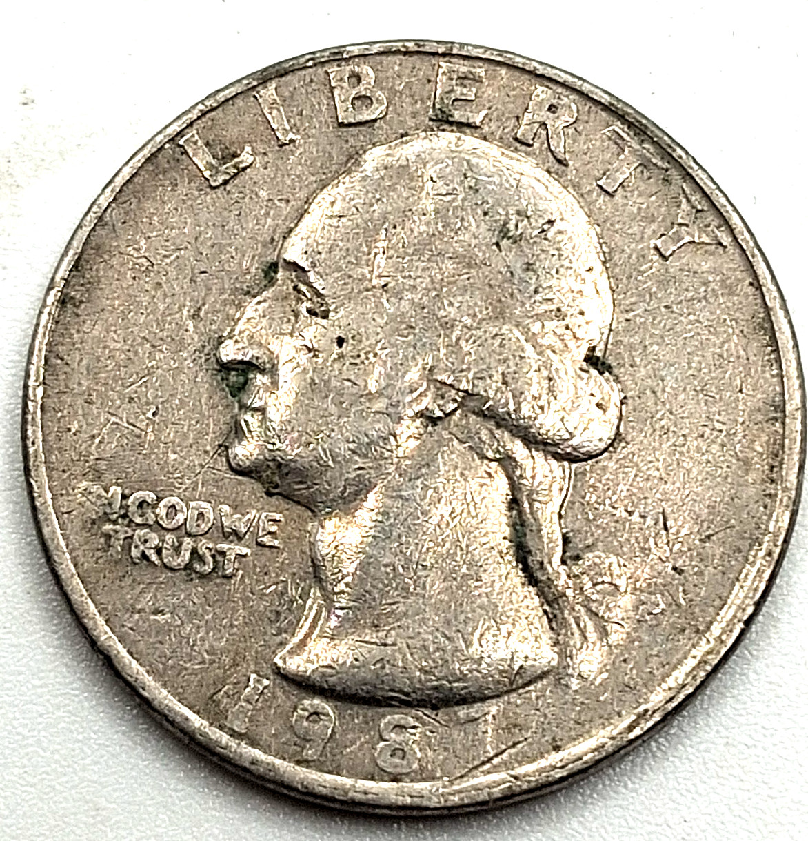 1987 P Washington Quarter Cud on IN Die Clash
