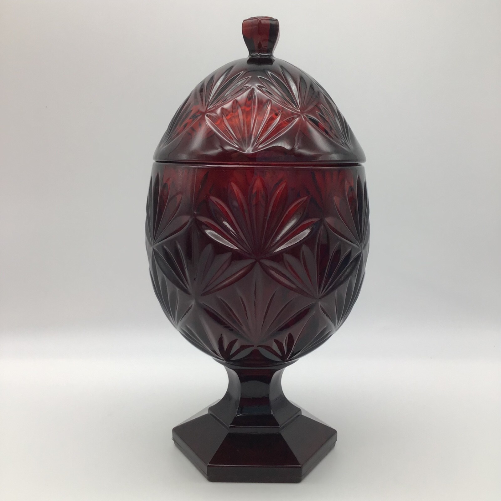 Luminarc Ruby Red Egg Shaped Pedestal Pressed Glass Candy Dish 8.5 Inches