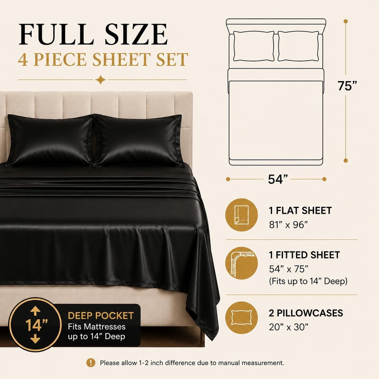 Full Size Satin Sheets 4 Piece Silky Bed Sheet Set W/ Smooth Silky Surface