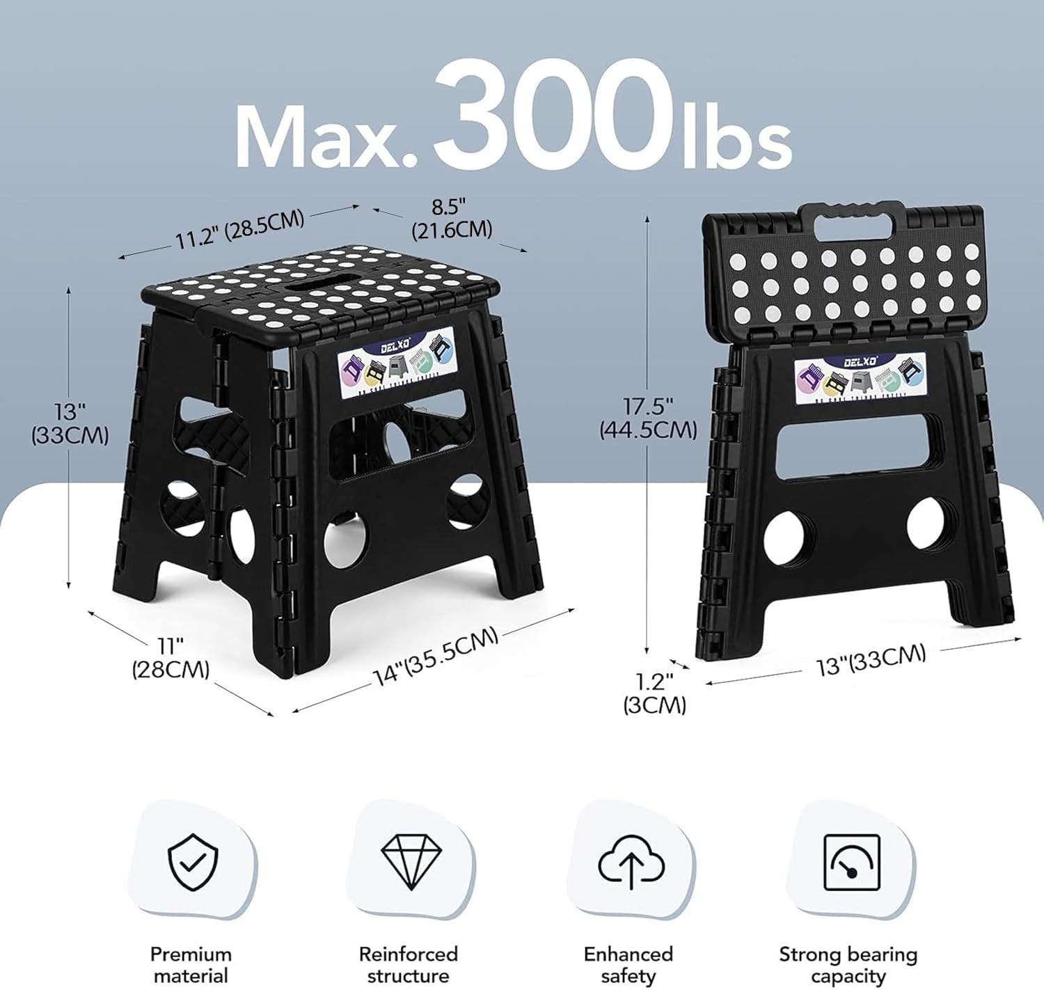 Folding Step Stool, 13 inch Non-Slip Foldable Stools Up to 300 LBS, Step Stoo...