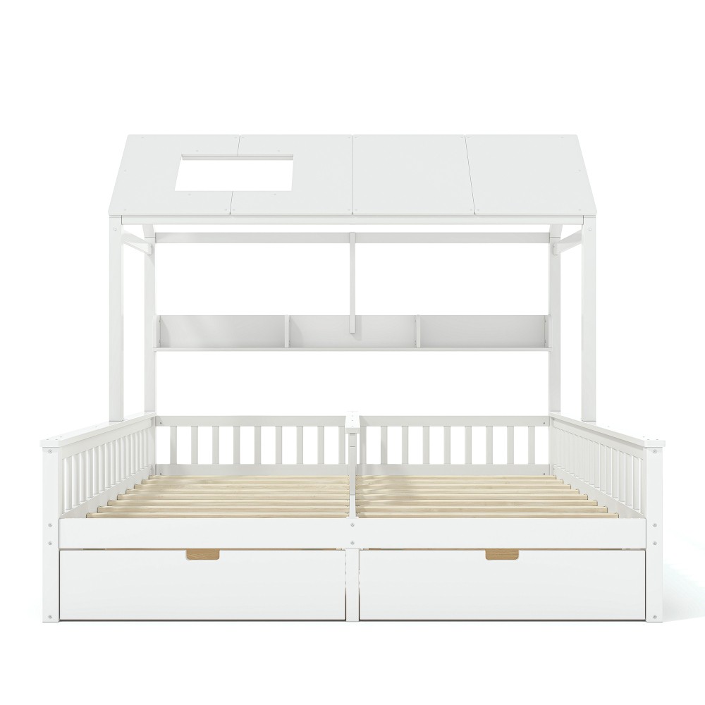 White Double Twin Platform Bed w/ Storage Shelves & Drawers
