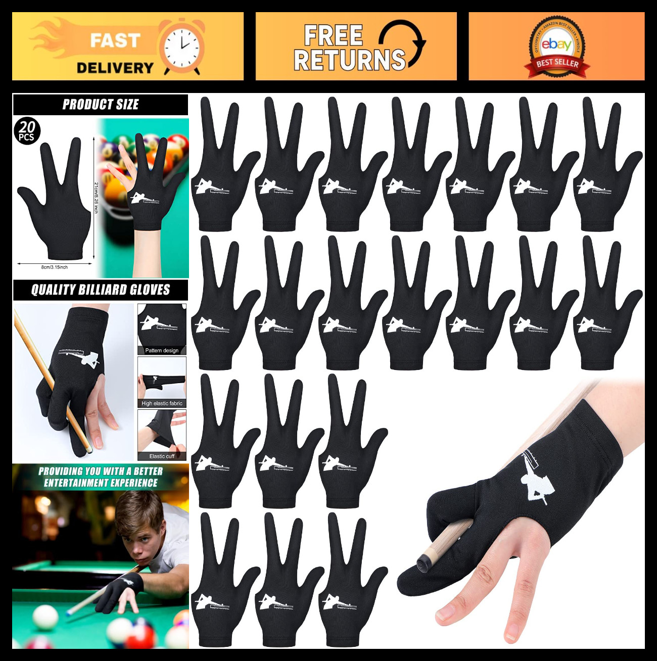 20 Pcs Billiard Pool Gloves - Three Finger Snooker Shooter Gloves for Men & Wome