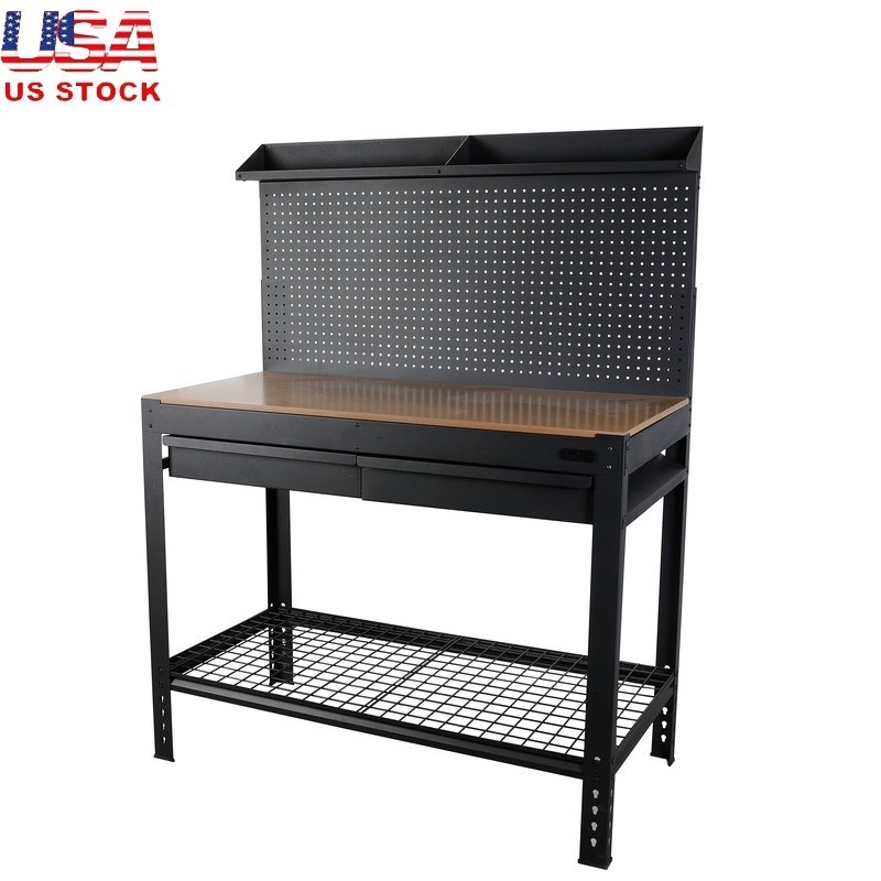 48inch Heavy Duty Steel Workbench W/ Mesh Backing Storage Drawers & Pegboard New