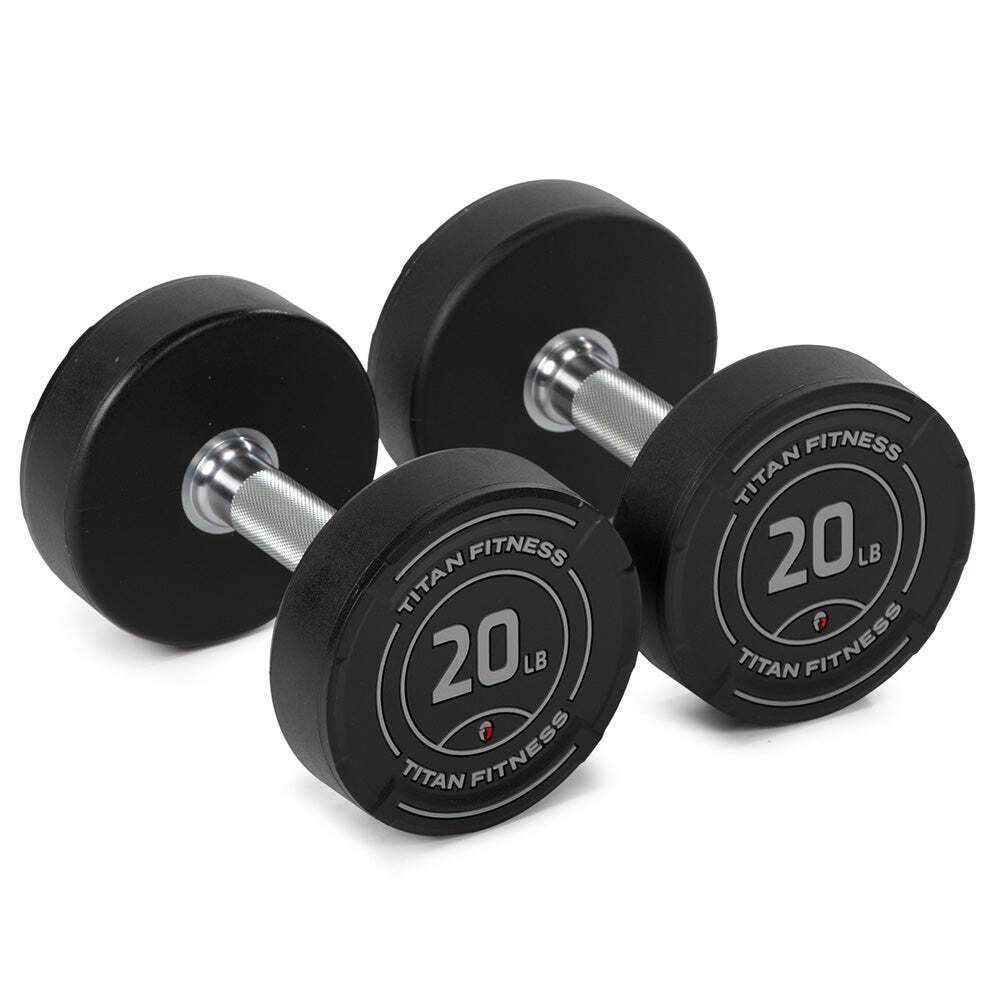 Titan Fitness 20 LB Set Round Urethane Dumbbells, 32mm Medium Volcano Knurling