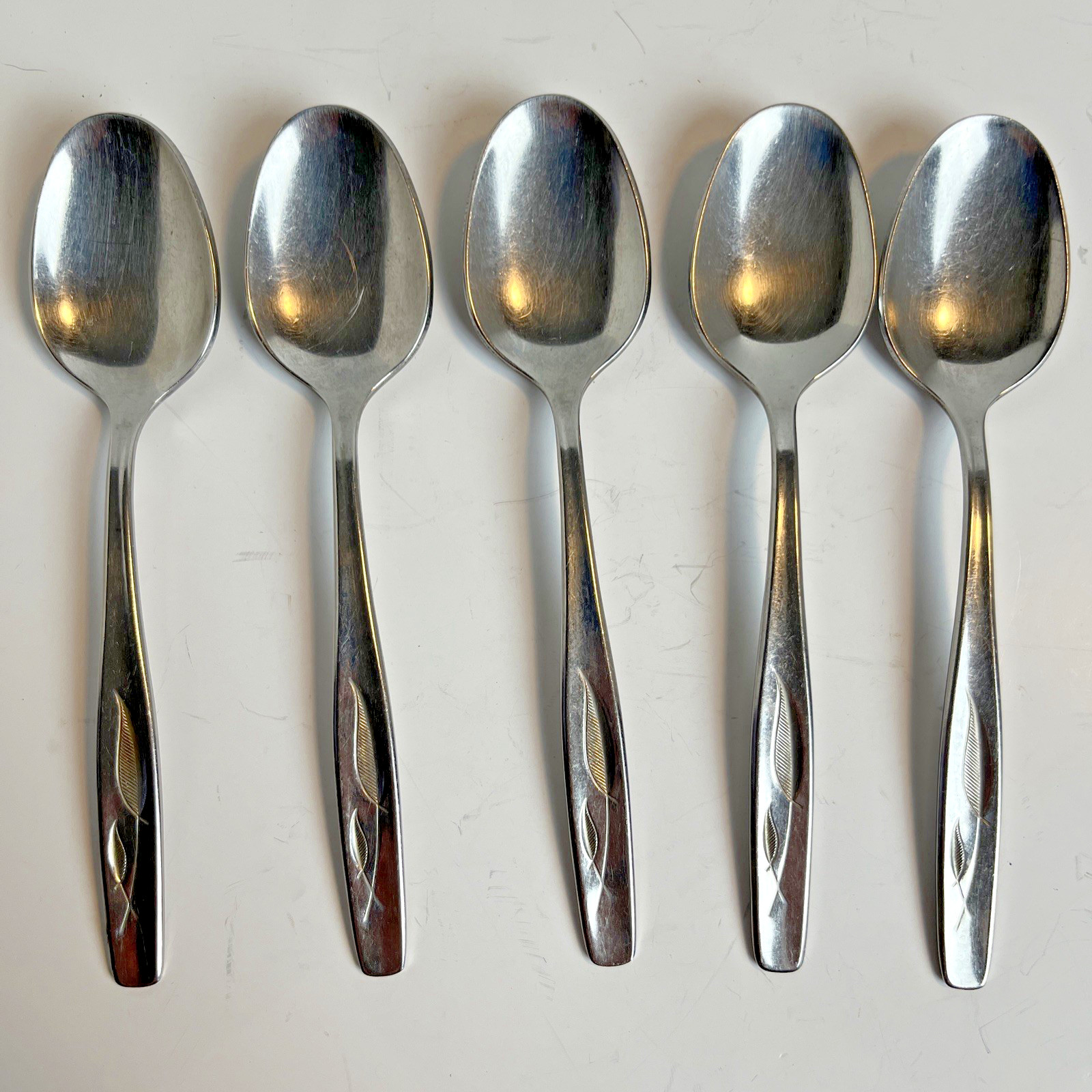 Vtg Rogers Cutlery Co. Whispering Leaves 5pc Stainless Tea Spoons Flatware USA