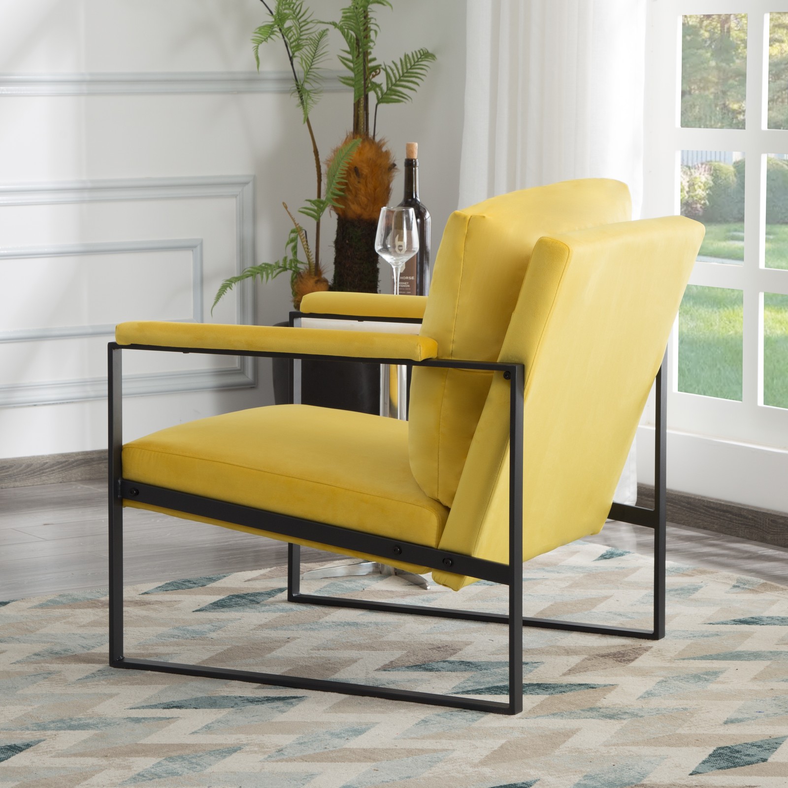 26.8" Metal Frame Accent Armchair Linen/Velvet Upholstery Removable Back Cushion