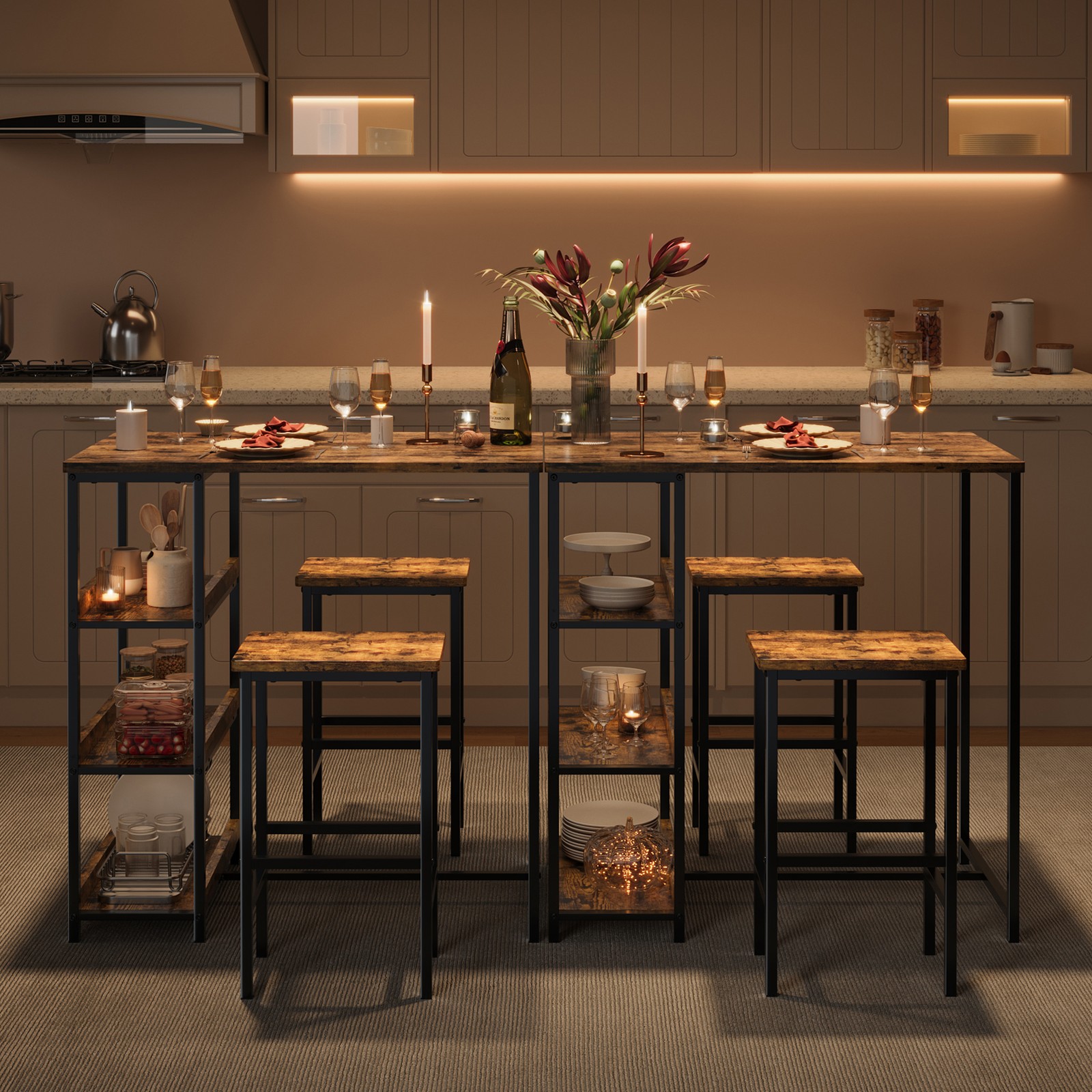 3-Piece Kitchen Table Set with Storage Shelves & 2 Bar Stools for Small Spaces