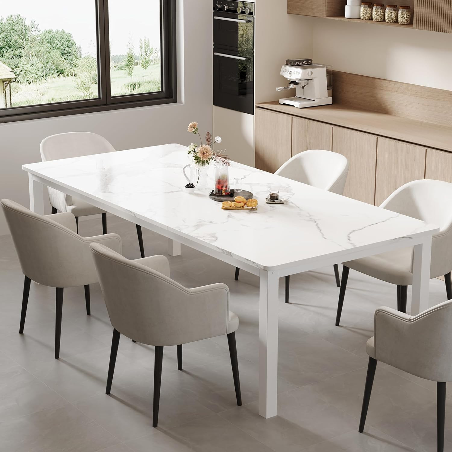 Modern 78.7" White Faux Marble Dining Table for 6-8 with Sturdy Metal Legs