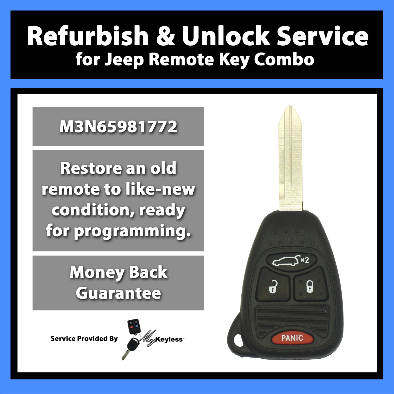 Unlock Reflash Service for Jeep Liberty Remote Entry Key Fob Combo M3N65981772
