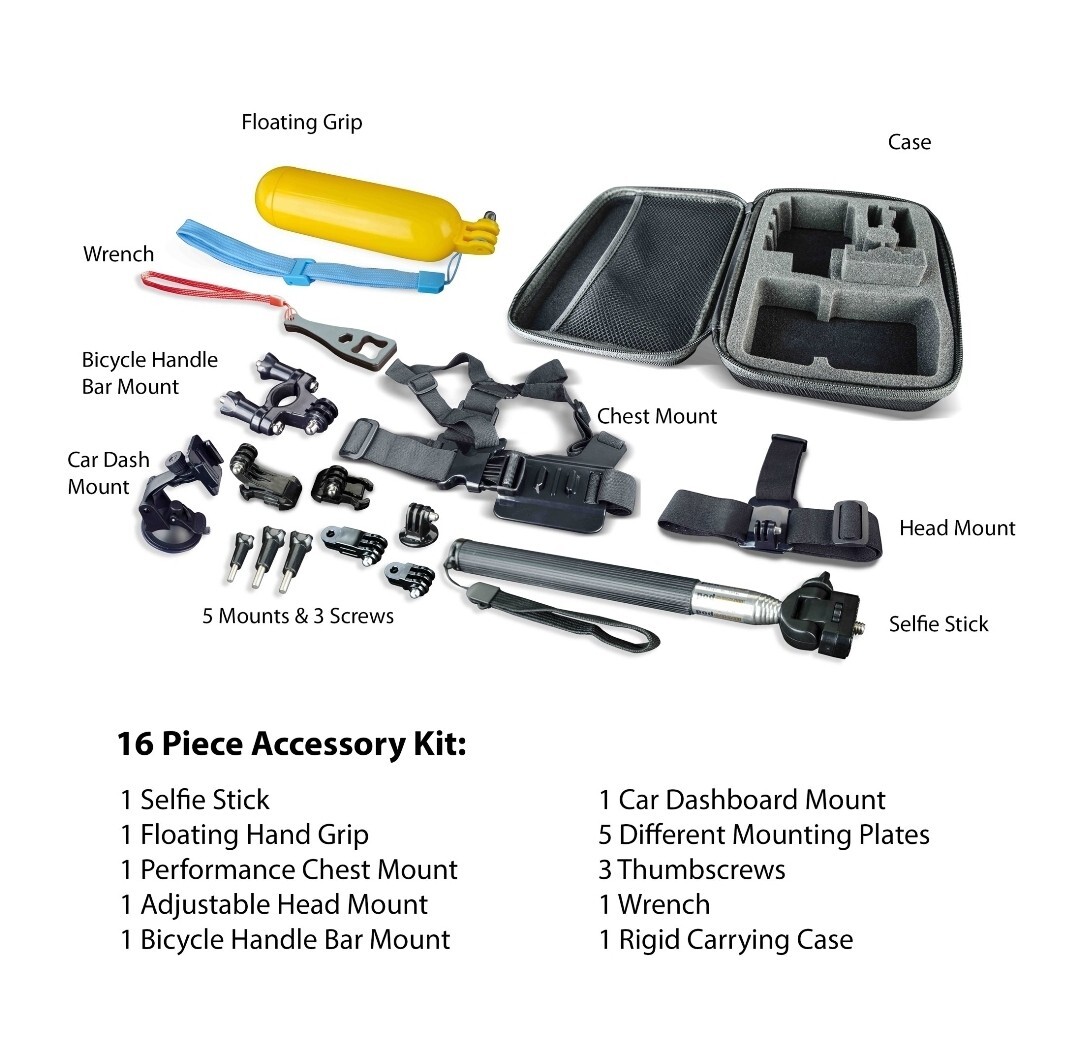 FOCUS ONN. 16 PC ACTION CAMERA ACCESSORY KIT GOPRO ETC. BRAND NEW