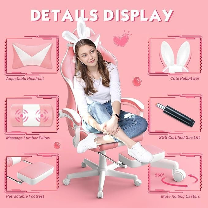 Pink Gaming Chair for girls for women office chair Reclining pc gaming footrest