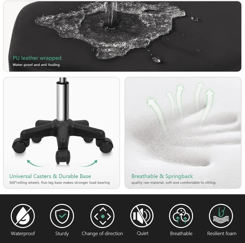 Height Adjustable Hexagon Rolling Stool for Spa & Salon - Modern Black Design