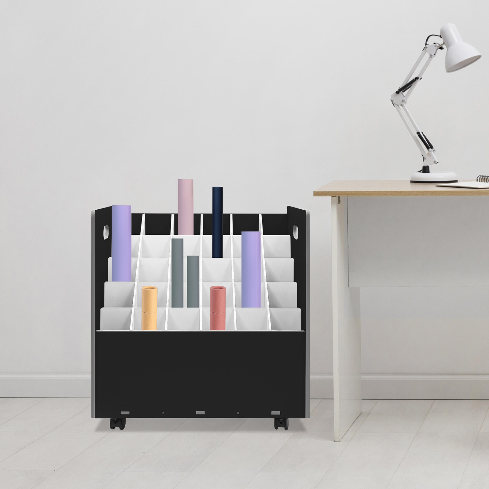 Mobile Roll File Storage Rack, Roll Files Storage Cabinet with Wheels, 30 Slots