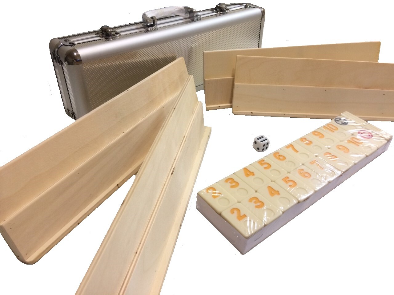 Rummy Tiles Games DLX Set 4 Wooden Racks In Attaché Alum Case 106 Tiles Free Shi