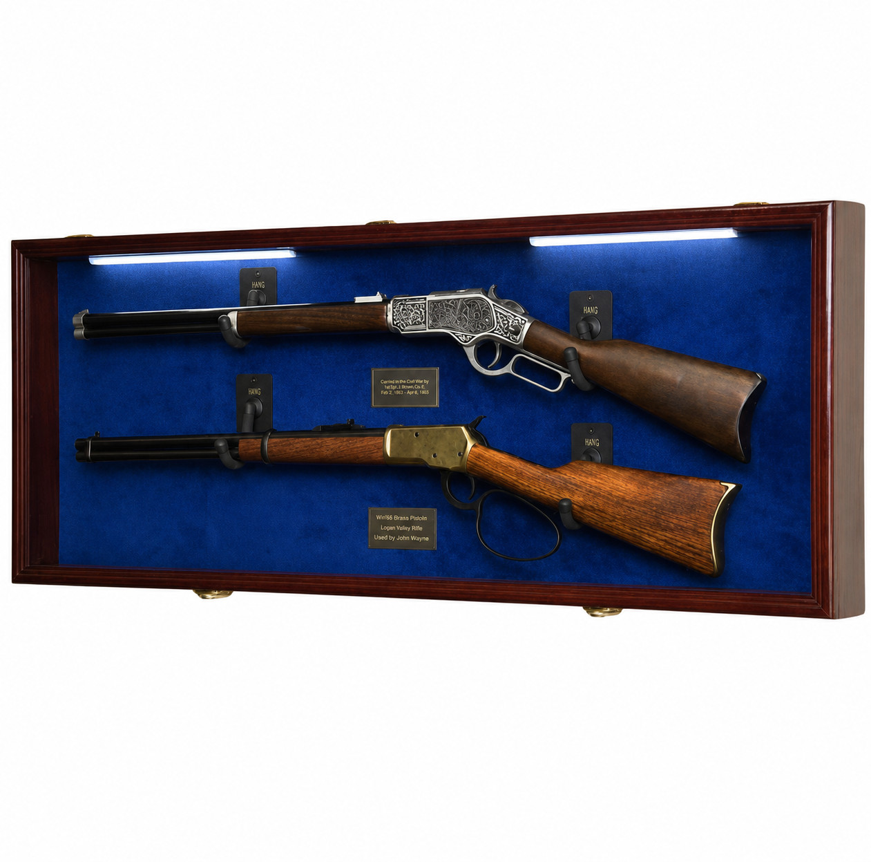 Double Rifle Display Case LED Lighted Cherry Wood Locking Cabinet Blue Felt