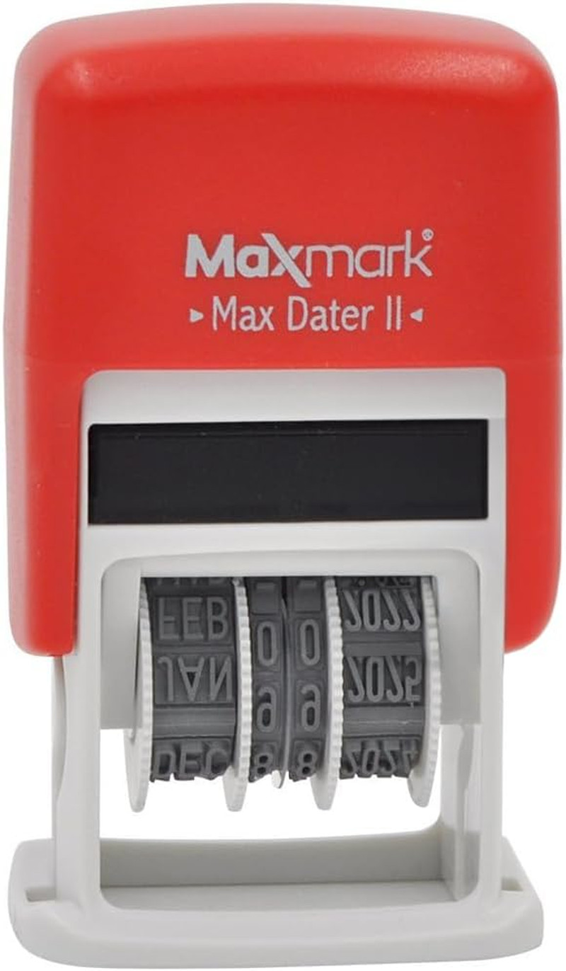 Self-Inking Rubber Date Office Stamp with Due by Phrase & Date - Red Ink (Max Da