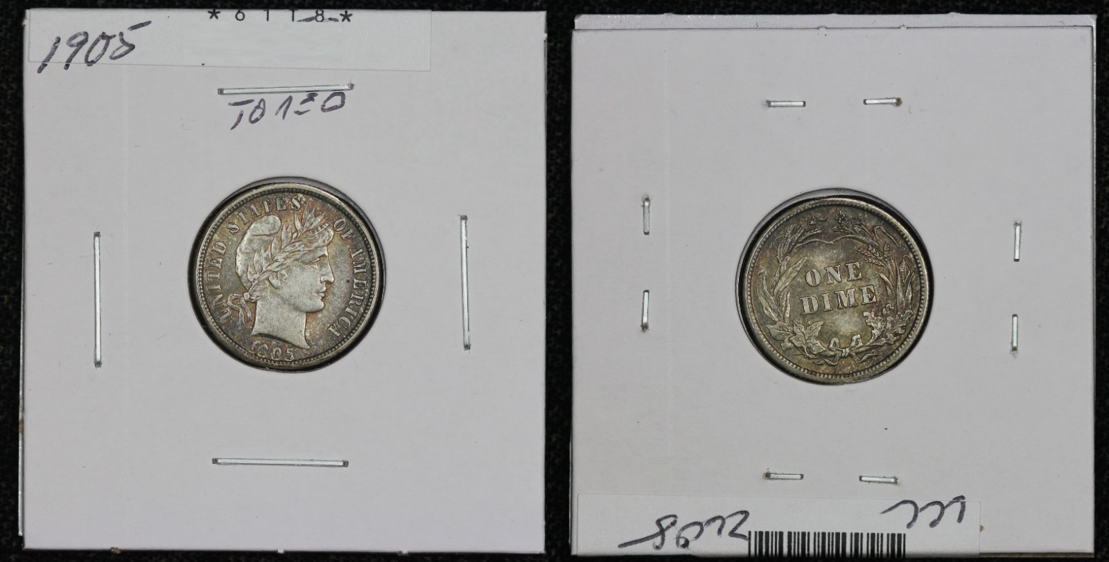 1905 Barber Dime Light Toning AU+ 61T8
