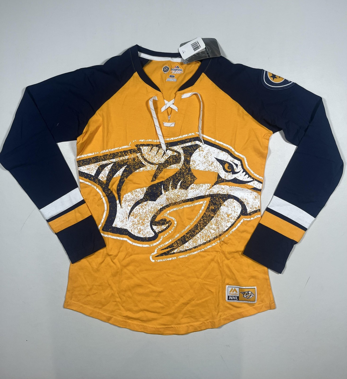 New Nashville Predators Shirt Womens Large Gold Navy NHL Hockey Majestic Lace Up