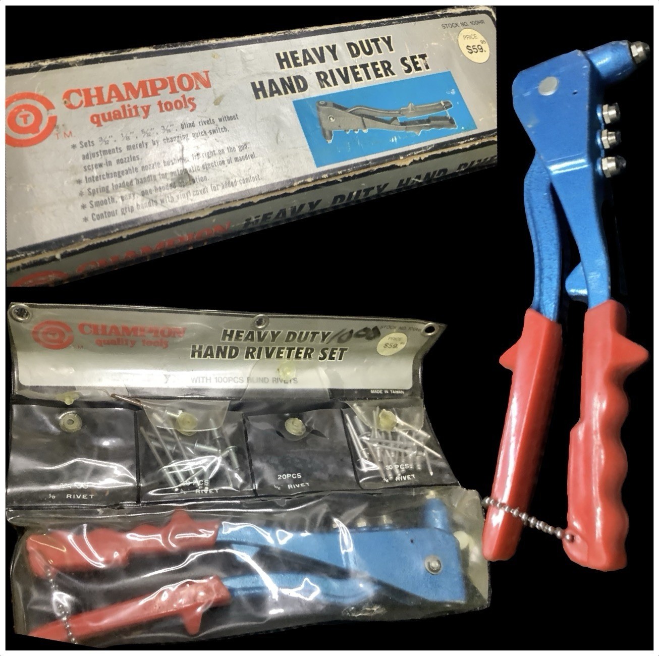 Vintage Champion Quality Tools Heavy Duty Hand Riveter Set w/ Rivets & Case
