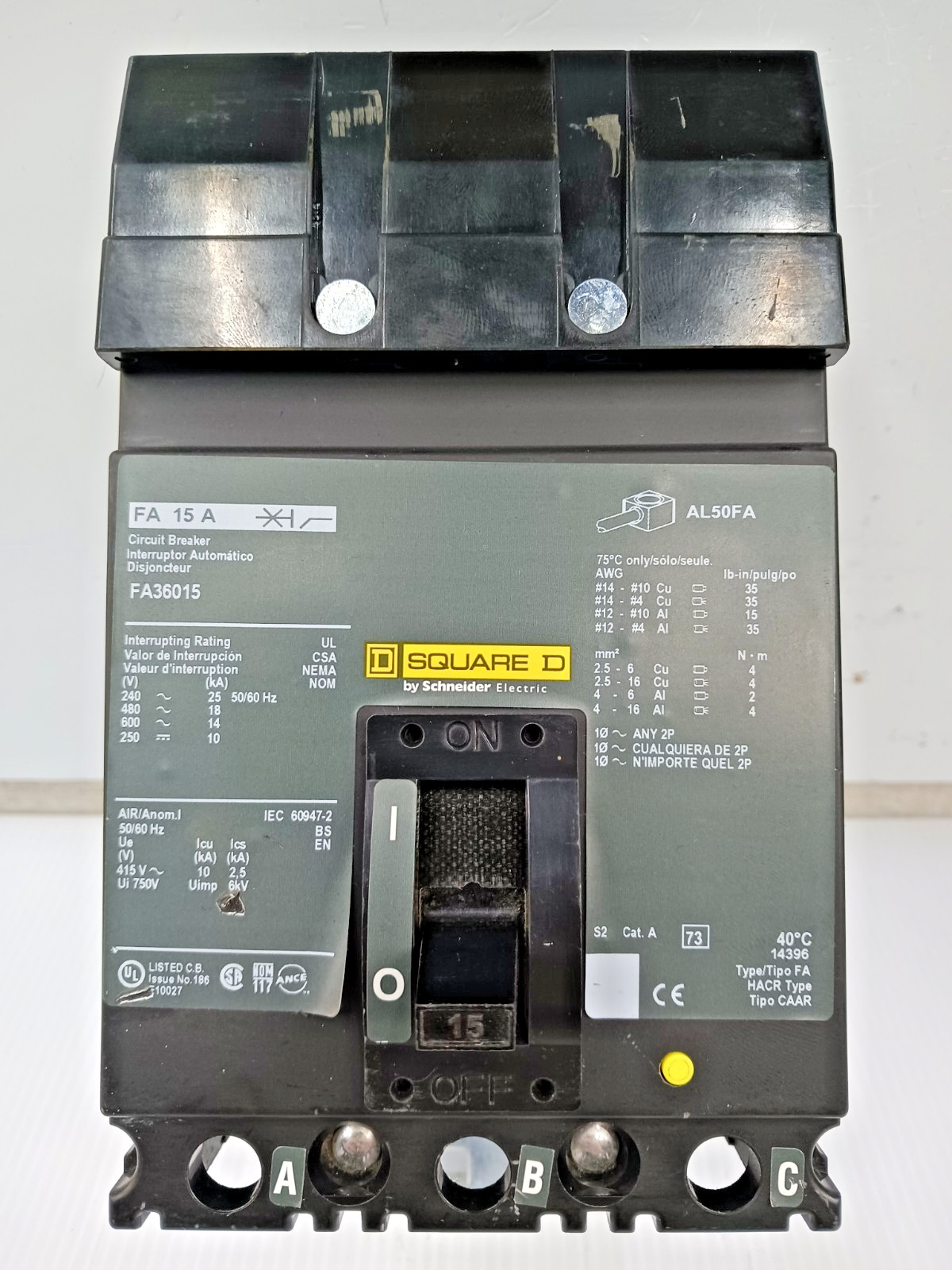 Square D 15 Amp I-Line Circuit Breaker 3 Pole 600 VAC / 250 VDC FA36015 *Green*