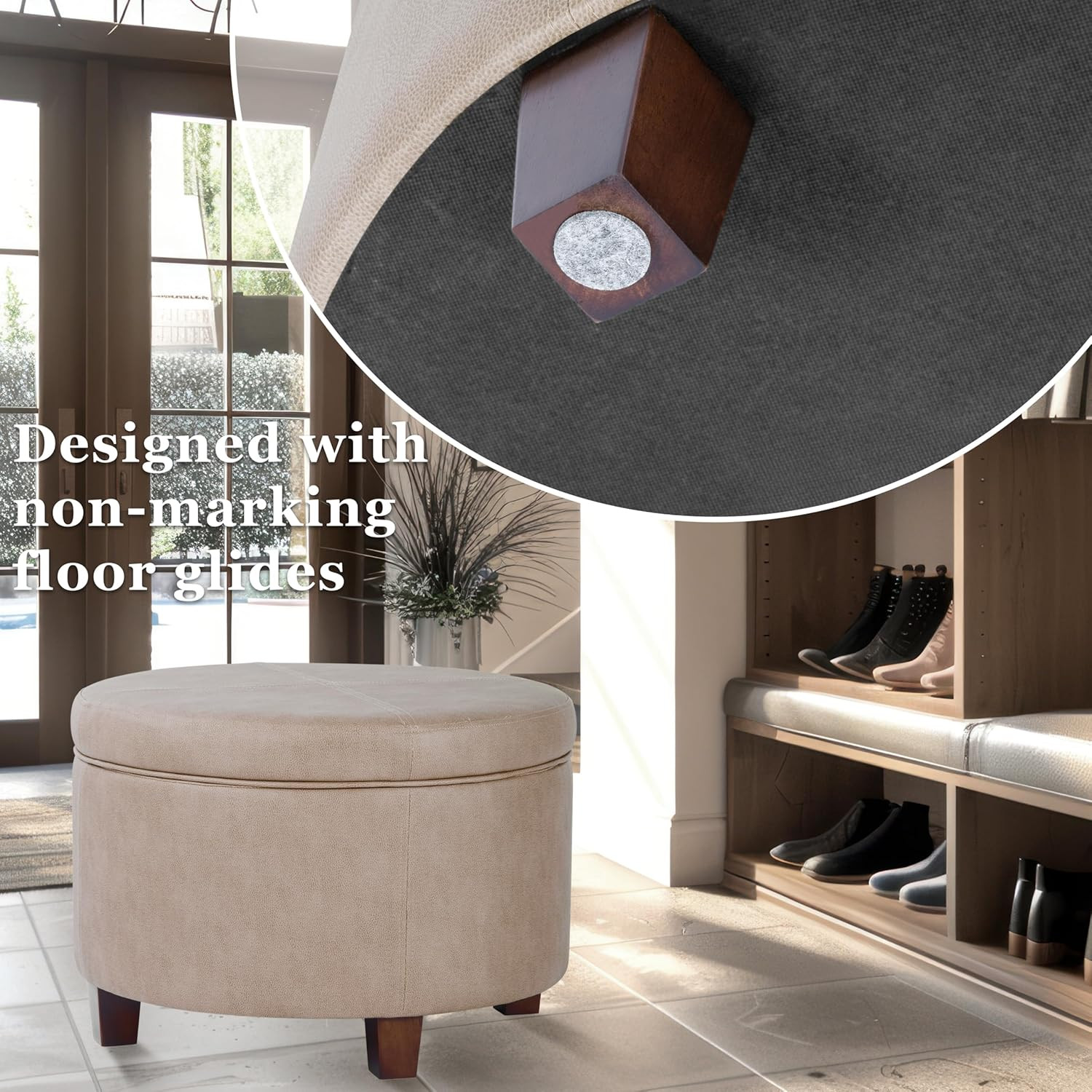 Home Decor | Upholstered Faux Leather round Storage Ottoman | Ottoman with Stora