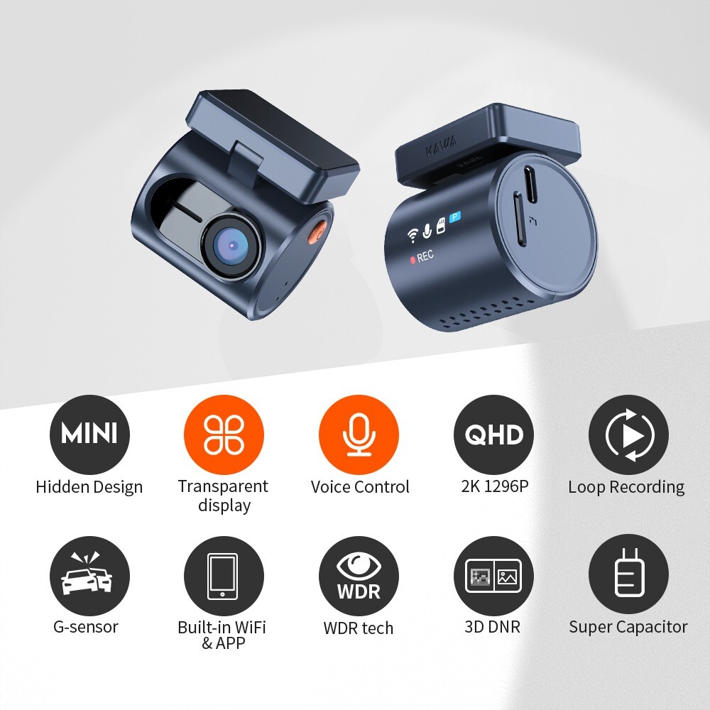 Tiny Dash Cam, 2K Transparent Screen Voice Control, Night Vision 24H Park Mode
