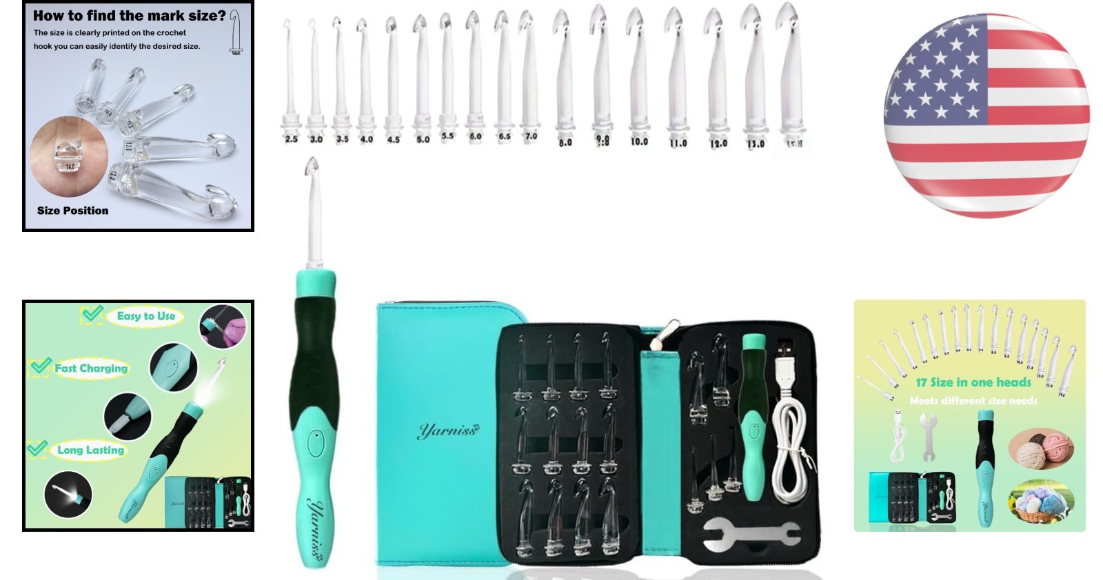 Compact Light-Up Crochet Hook Set: 17 Sizes (2.5mm-14mm) for Easy Crafting