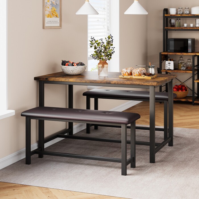 Dining Table Set with Two Upholstered Benches Kitchen Table Set for 4 Persons