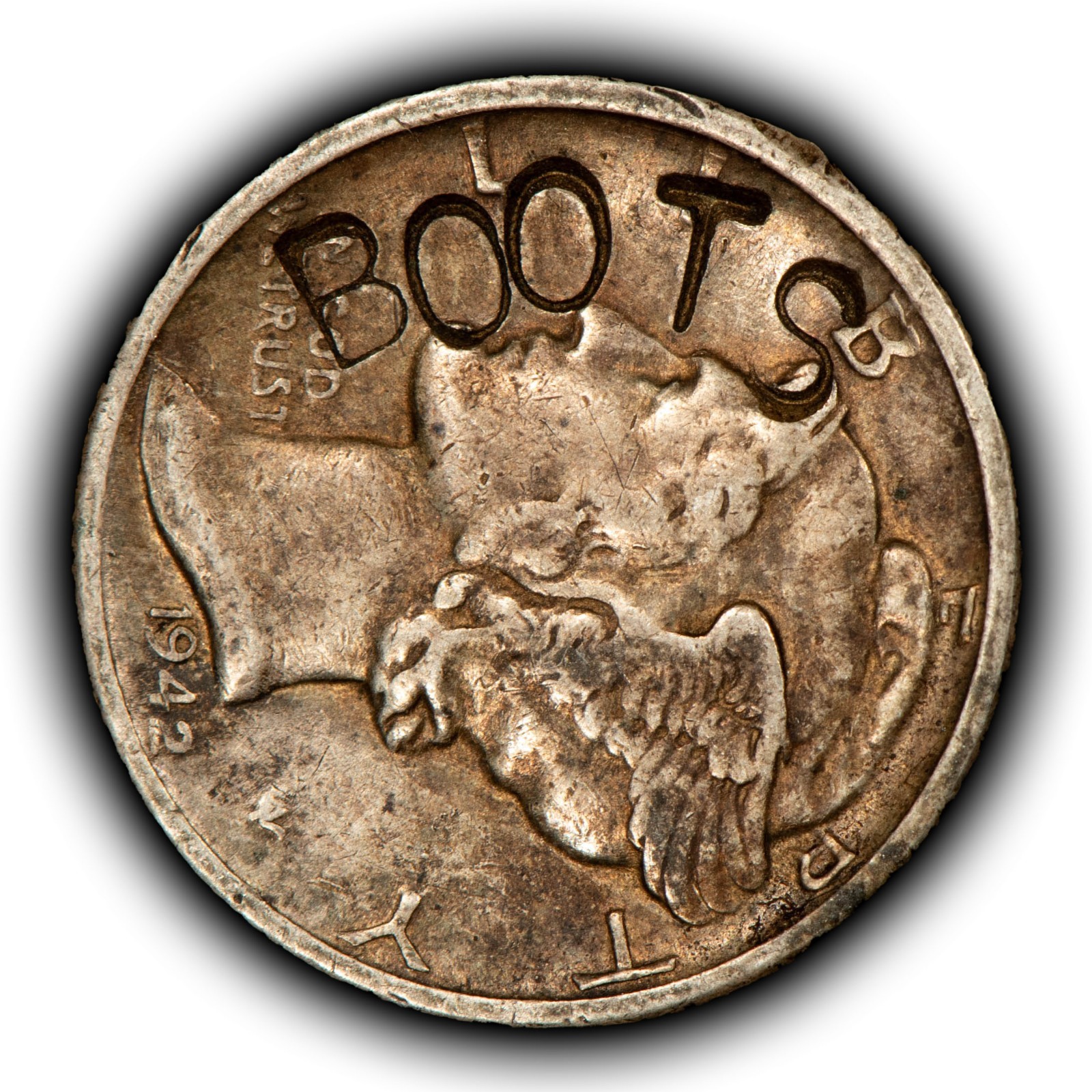 1942 10c Mercury Silver Dime - Counterstamped BOOTS - SKU-Z6845