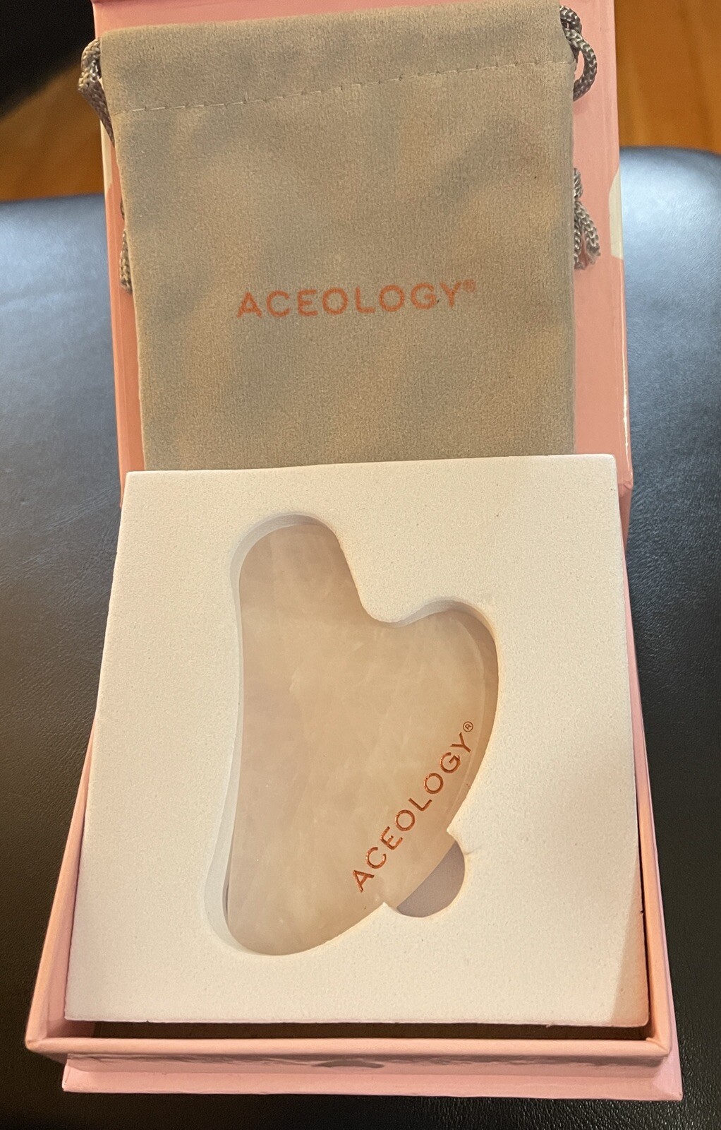 Aceology Rose Quartz Gua Sha Facial Massager with Storage Pouch NEW IN BOX