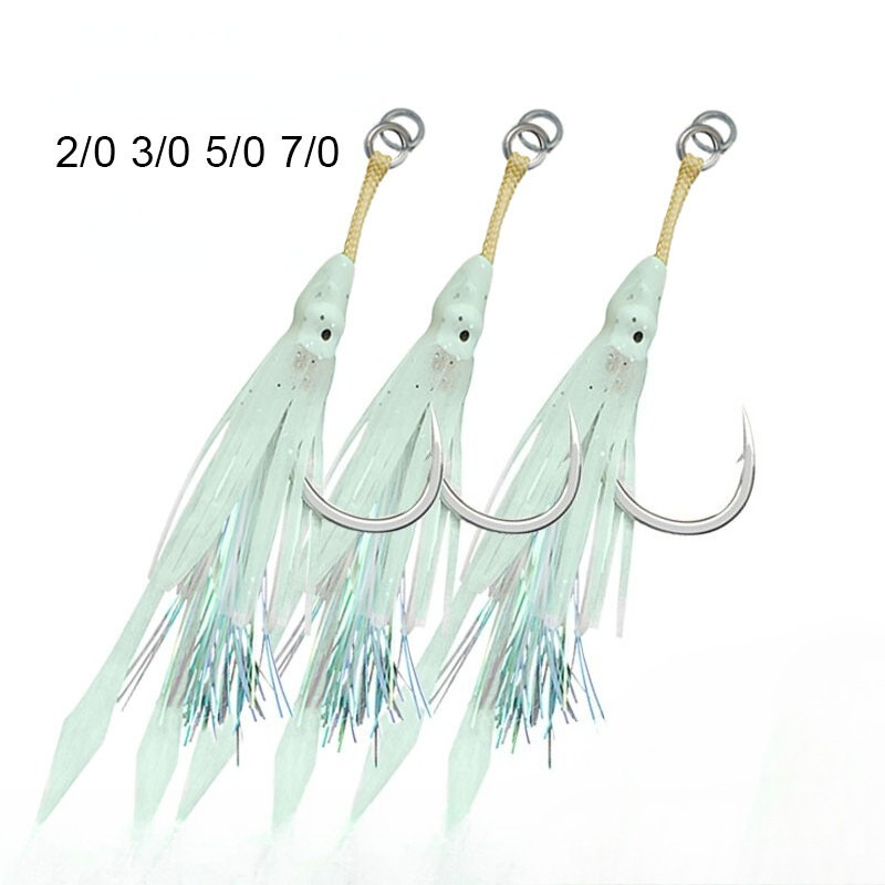 10pcs Power Assist Hook 2/0-7/0 Glow Rubber Skirt Squid Hook Saltwater Jig Hooks