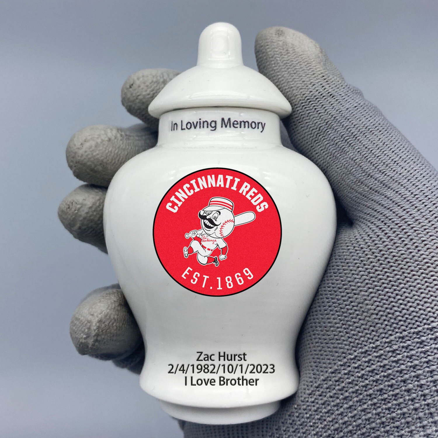 Ceramic Baseball Urn – Cincinnati Reds Theme, Custom Text & Number