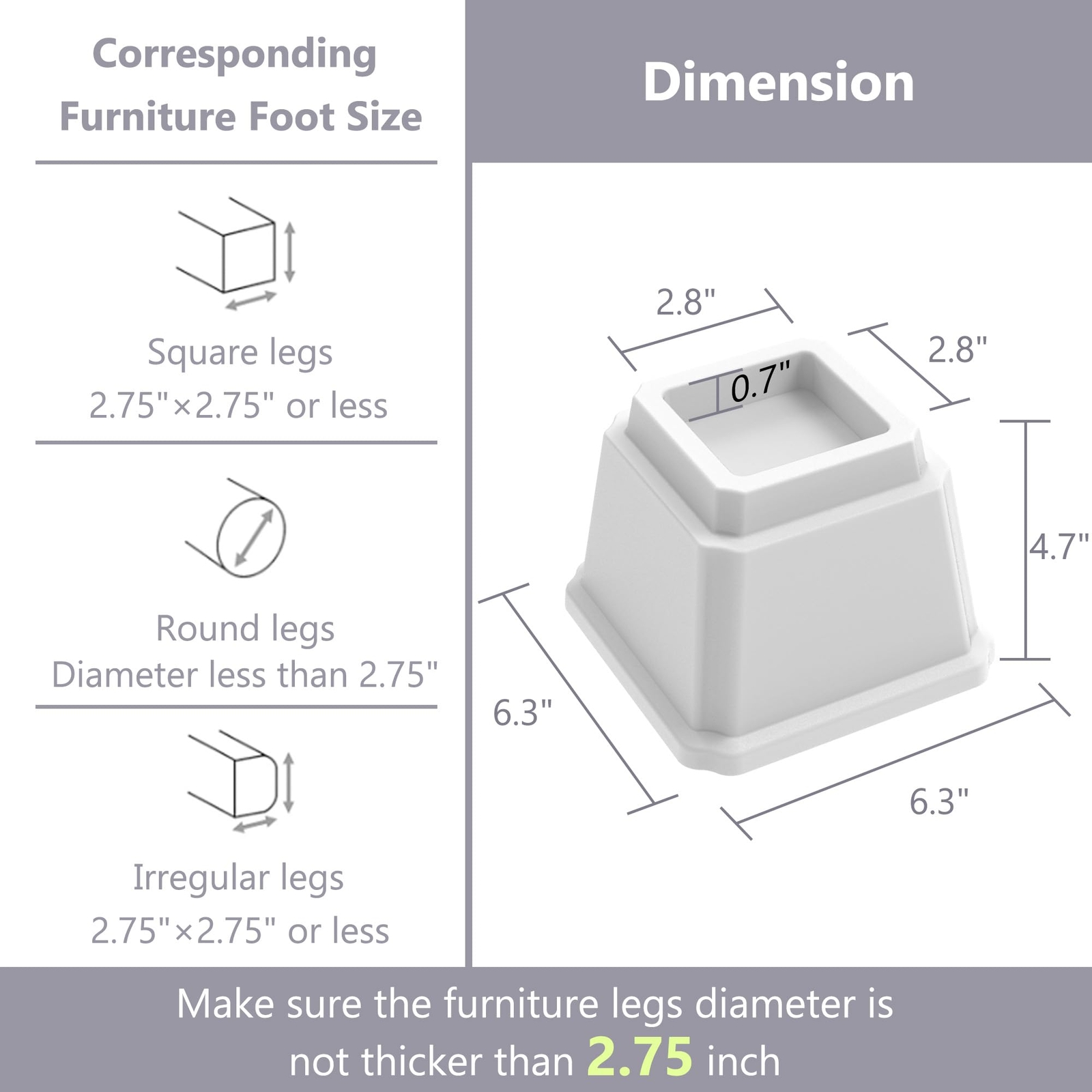 4 Pack Heavy Duty Square Bed Risers 4 Inch Bed Furniture Elevators for Sofa Bed