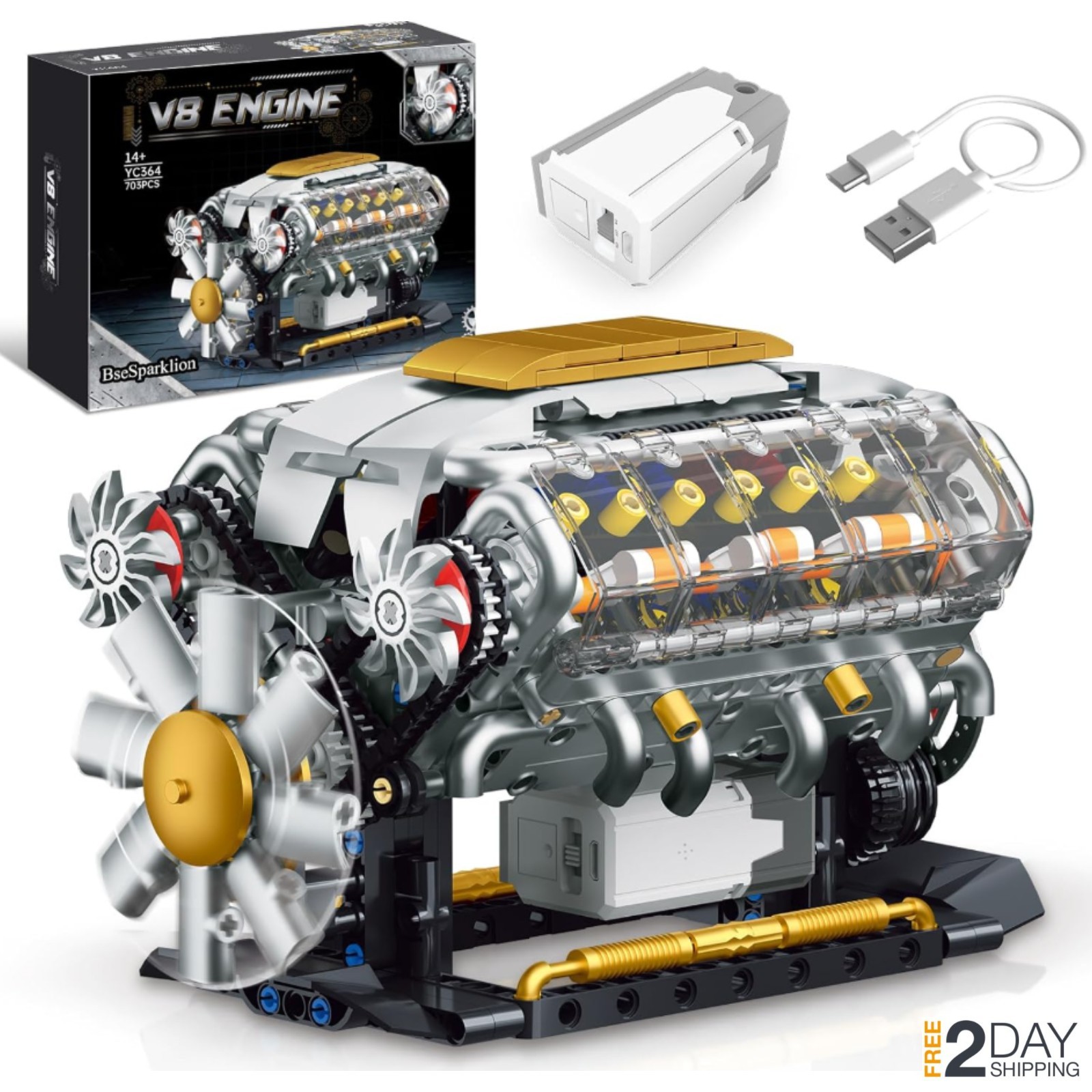 DIY V8 Engine Model Kit USB Powered Running Visible Motor STEM Toy 703PCS Gift