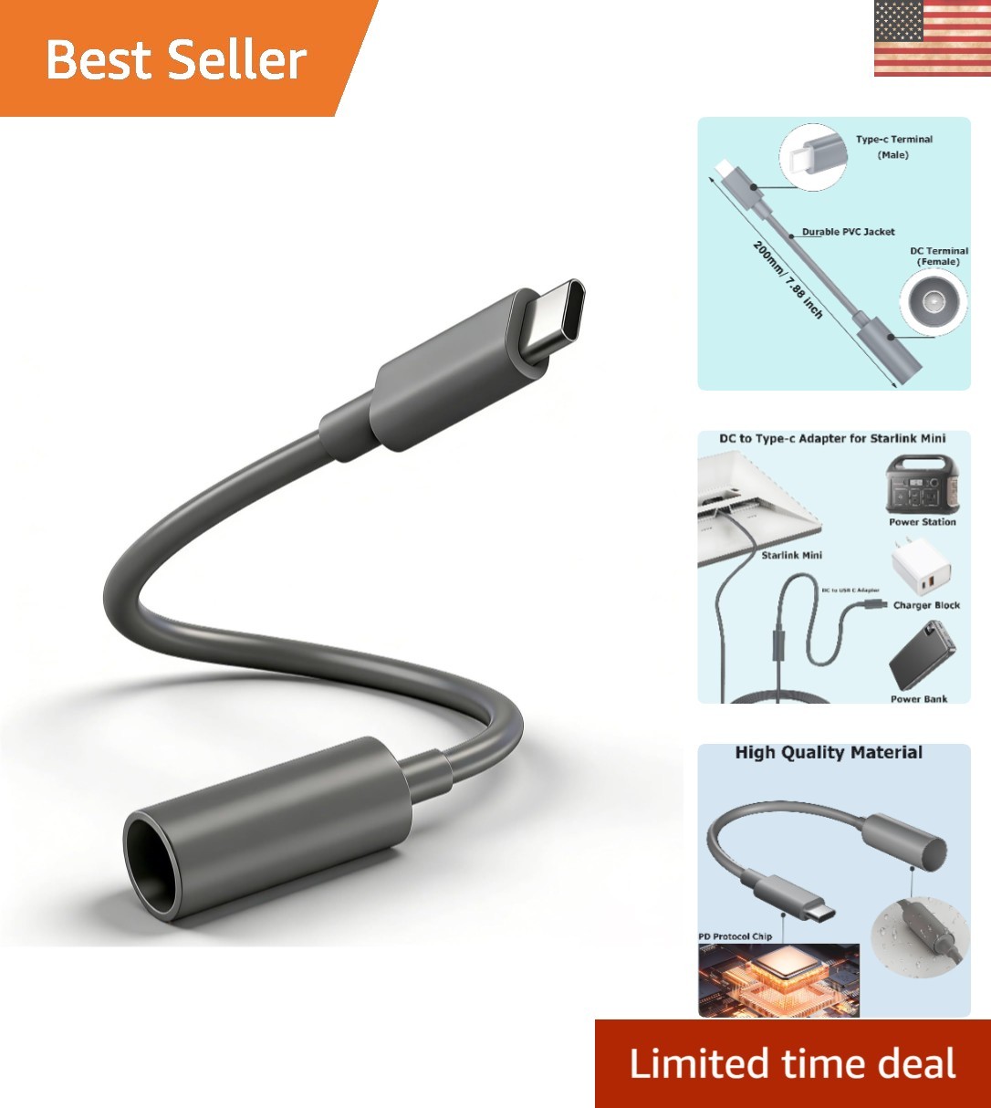 Portable 0.2M USB C to DC Adapter - Reliable Power for Starlink Mini Anywhere