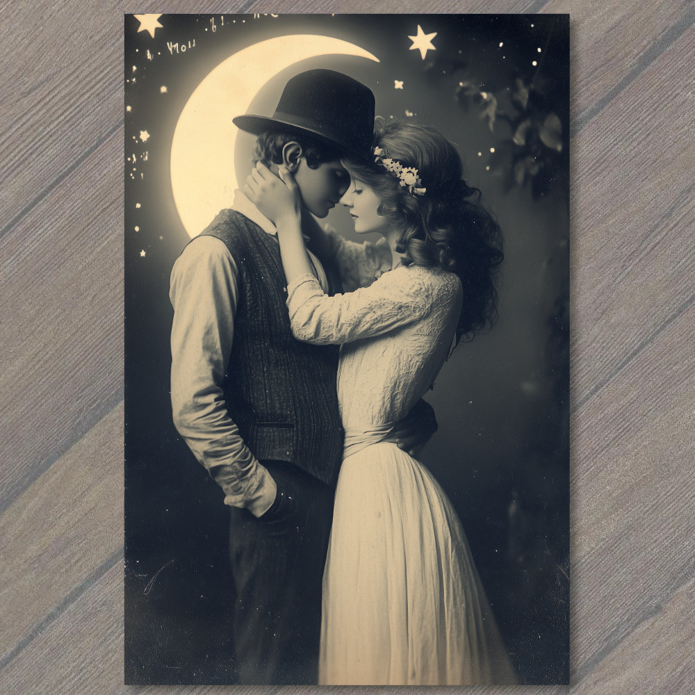 POSTCARD Moonlit Embrace Couple Classic Love Nostalgic Starry Night Romantic
