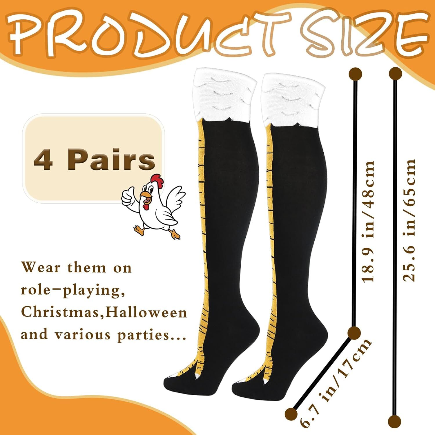4 Pair Funny Chicken Legs Socks,Novelty Knee-High Turkey Socks,3D Animal Paw Soc