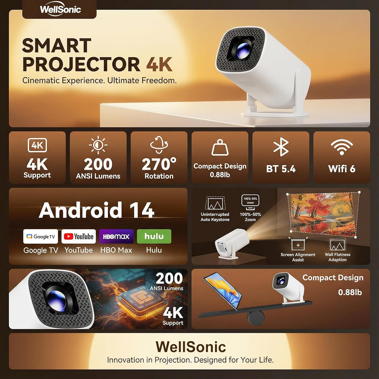 Mini Smart Projector 4K Support WiFi 6 Bluetooth Android Portable Home Theater