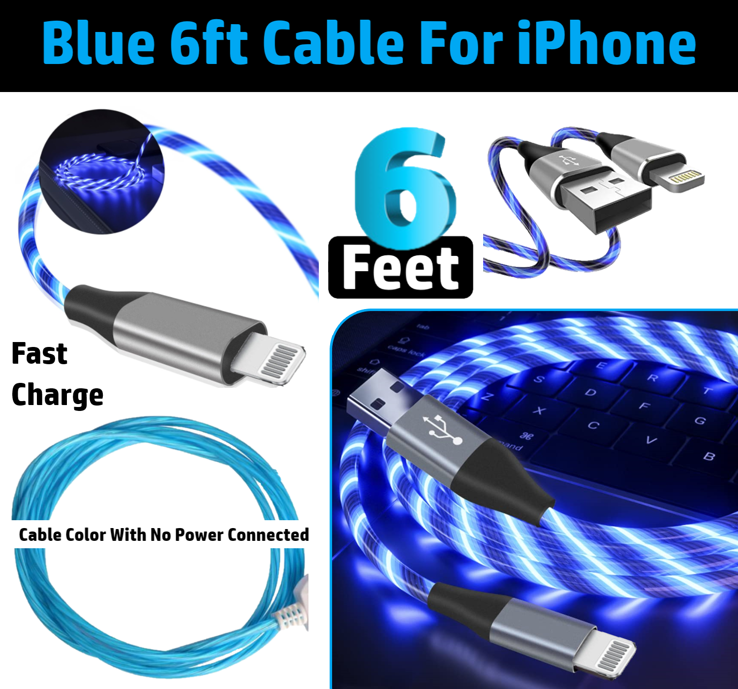 2 Pack 6ft LED Fast Charge 8 Pin Cable for Apple iPhone 13 12 11 X XR XS Pro Max