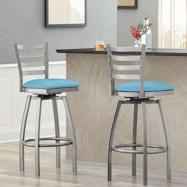 10 PACK Ladder Back Clear Coat Swivel Metal Restaurant Barstool With Blue Vinyl