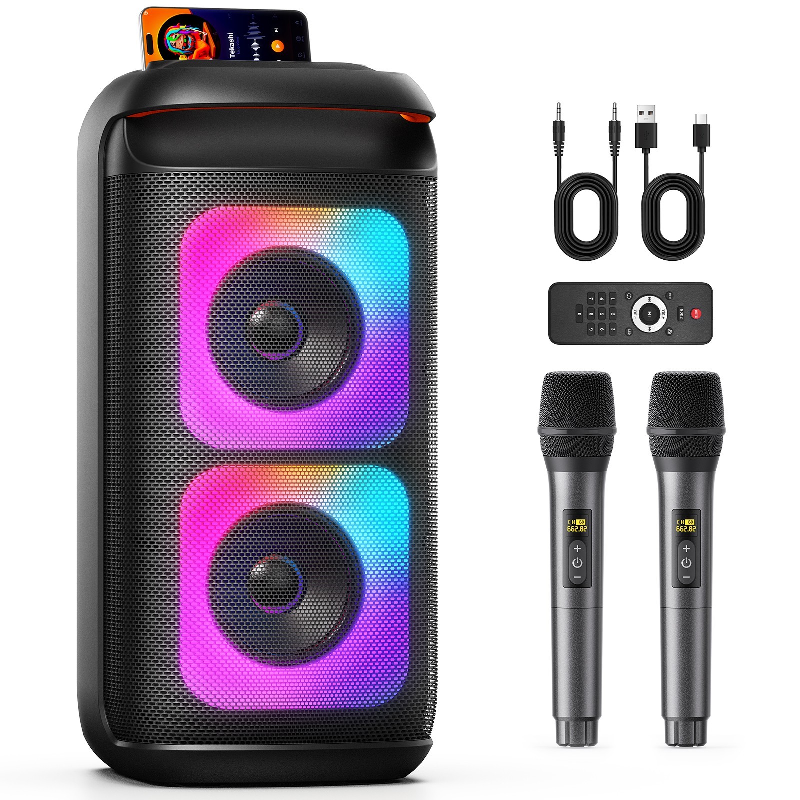 Portable Karaoke Speaker with Dual Mics RGB Lights for World Cup Watching Party