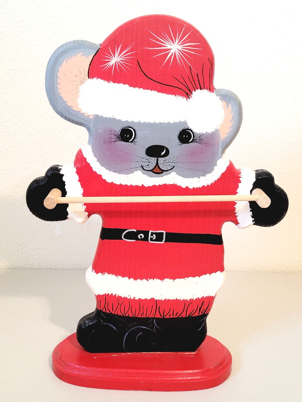 Vintage Rickerts Hand Crafted Wooden Christmas Santa Mouse Hand Towel Holder 15"