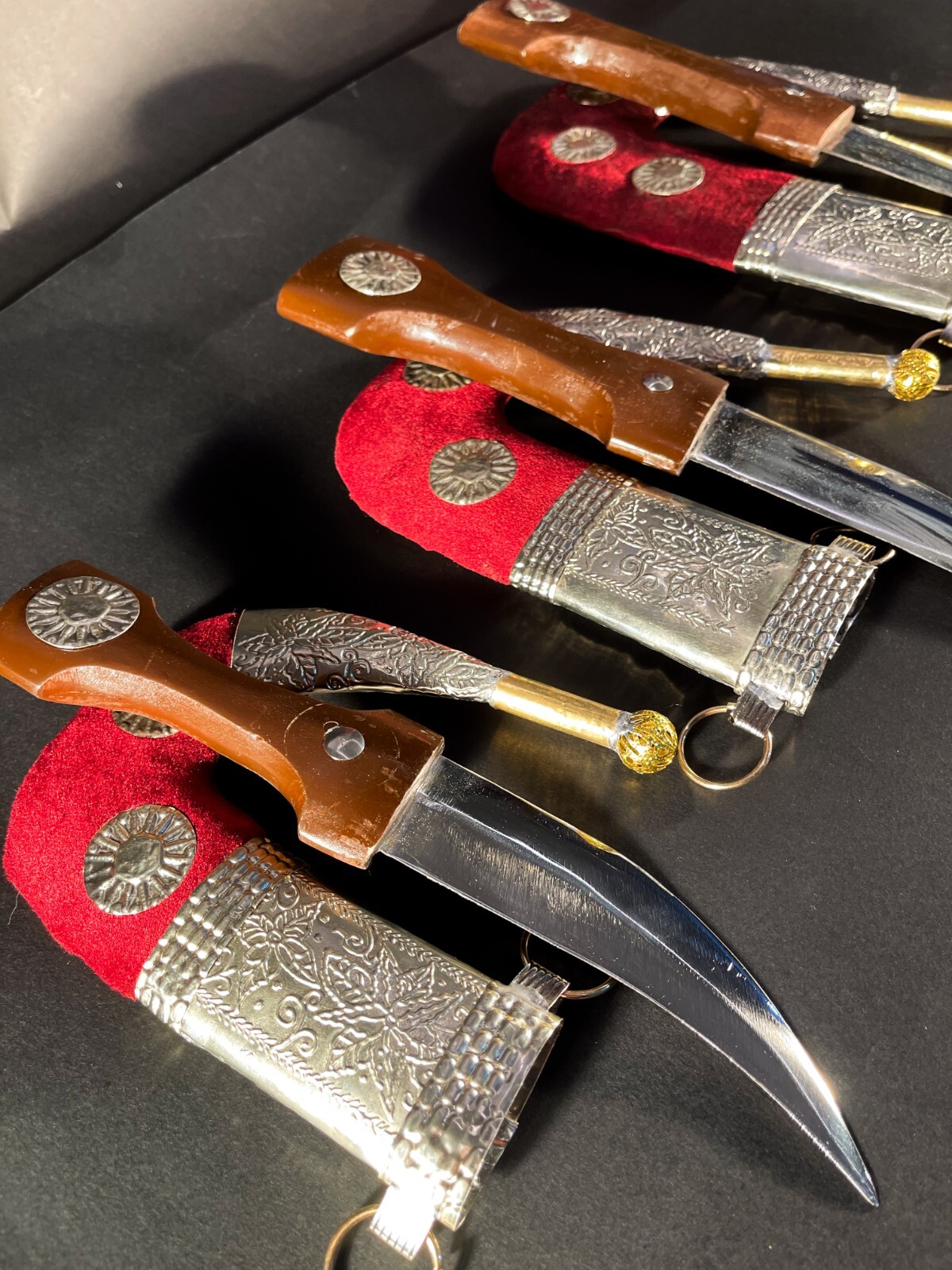 Set of 3 Vintage Kuwaiti Copper Daggers with Wooden Handles & Red Carpet Inlays