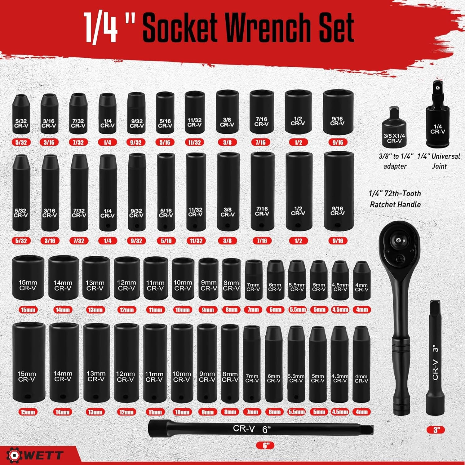 1/4" Drive Impact Socket 55 PCs Sae/Metric Deep/Shallow, Cr-V Steel, 6 Point, (5