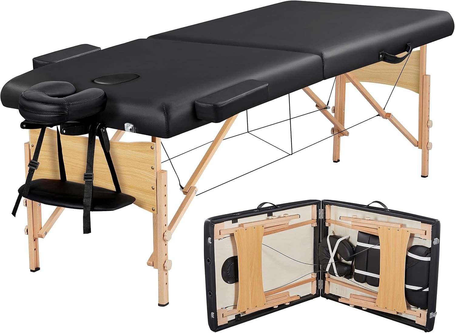 84x28in Portable Massage Table Folding Adjustable Lash Bed Black Beechwood legs