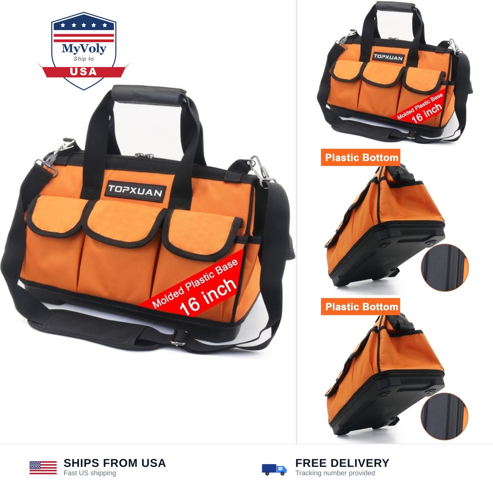 16 Inch Heavy Duty Tool Bag - Molded Plastic Base, Waterproof 900D Oxford Clo...