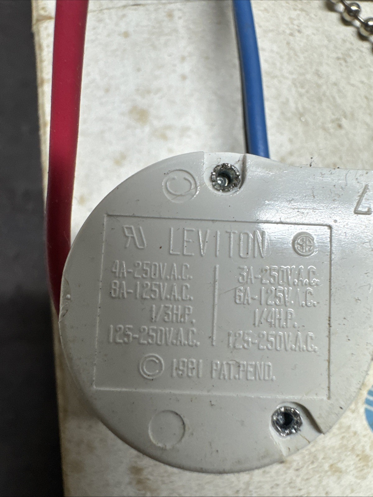 Leviton 1691-50 Pull Chain Switch Three Speed Four Position White